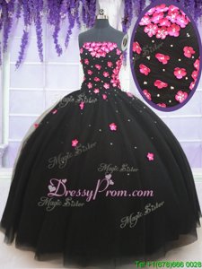 Excellent Black Ball Gowns Beading and Appliques Sweet 16 Dresses Lace Up Tulle Sleeveless Floor Length