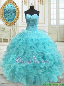 High End Aqua Blue Ball Gowns Sweetheart Sleeveless Organza Floor Length Lace Up Beading and Ruffles Quinceanera Dress
