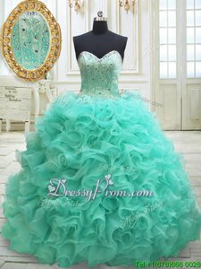 Fitting Apple Green Sweetheart Lace Up Beading and Ruffles Sweet 16 Quinceanera Dress Brush Train Sleeveless