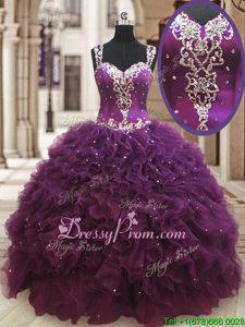 Fine Dark Purple Sleeveless Beading and Ruffles Floor Length Quinceanera Dresses
