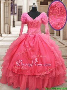Popular V-neck Half Sleeves Organza Ball Gown Prom Dress Beading and Embroidery and Ruffled Layers Zipper