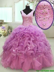 Traditional Floor Length Lilac Ball Gown Prom Dress Organza Sleeveless Spring and Summer and Fall and Winter Beading and Ruffles
