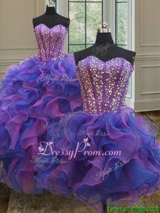 Luxury Sweetheart Sleeveless Sweet 16 Dress Floor Length Beading and Ruffles Blue and Purple Organza