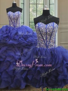 Dynamic Royal Blue Ball Gowns Sweetheart Sleeveless Organza Floor Length Lace Up Beading and Ruffles 15th Birthday Dress