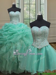Eye-catching Turquoise Ball Gowns Sweetheart Sleeveless Organza Floor Length Lace Up Beading and Ruffles and Pick Ups 15th Birthday Dress