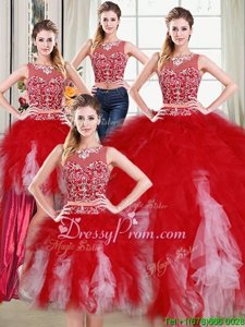 Designer Scoop Sleeveless Sweet 16 Quinceanera Dress Floor Length Beading and Ruffles White and Red Tulle