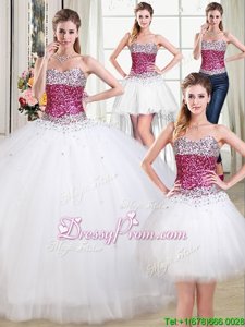 Glamorous White Lace Up Sweetheart Beading Ball Gown Prom Dress Tulle Sleeveless