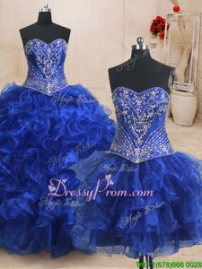 Dramatic Royal Blue Organza Lace Up Quinceanera Dress Sleeveless With Brush Train Beading and Ruffles