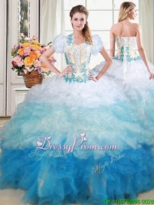 Stunning Multi-color Organza Lace Up Sweetheart Sleeveless With Train 15th Birthday Dress Brush Train Beading and Appliques and Ruffles