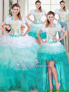 Fashion Sweetheart Sleeveless Organza Quinceanera Gown Beading and Appliques and Ruffles Lace Up