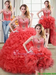 Beautiful Coral Red Zipper Ball Gown Prom Dress Beading and Ruffles Sleeveless Floor Length