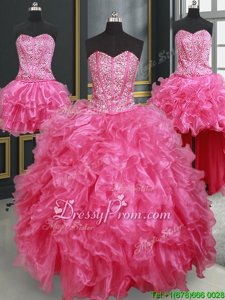 Unique Hot Pink Lace Up Sweetheart Beading and Ruffles Sweet 16 Dress Organza Sleeveless
