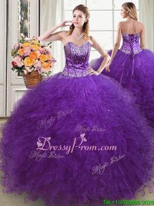 Noble Floor Length Eggplant Purple 15 Quinceanera Dress Tulle Sleeveless Spring and Summer and Fall and Winter Beading and Ruffles