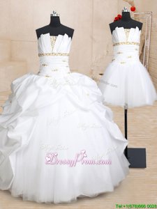 Romantic Sleeveless Taffeta and Tulle Floor Length Lace Up Vestidos de Quinceanera inWhite forSpring and Summer and Fall and Winter withBeading and Pick Ups