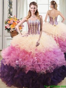 Admirable Multi-color Lace Up Quince Ball Gowns Beading and Ruffles Sleeveless Floor Length