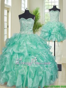 Great Apple Green Sleeveless Beading and Ruffles Floor Length Quince Ball Gowns