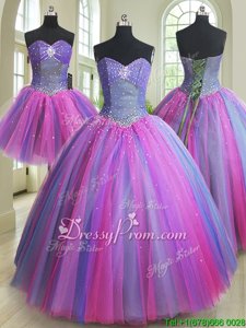 Elegant Multi-color Lace Up Sweetheart Beading Vestidos de Quinceanera Tulle Sleeveless