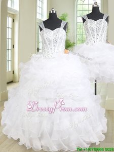Shining White Lace Up Quince Ball Gowns Beading and Ruffles Sleeveless Floor Length
