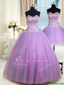 Modern Lavender Ball Gowns Tulle Sweetheart Sleeveless Beading Floor Length Lace Up Sweet 16 Dress