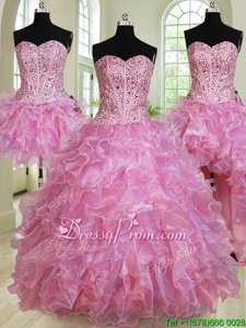 Custom Fit Sleeveless Organza Floor Length Lace Up 15th Birthday Dress inMulti-color forSpring and Summer and Fall and Winter withBeading and Ruffles
