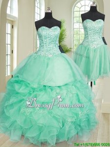 Fantastic Turquoise Sweetheart Lace Up Beading and Ruffles 15th Birthday Dress Sleeveless
