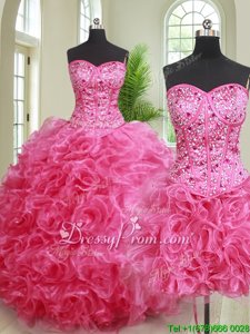 Super Hot Pink Sweetheart Lace Up Beading and Ruffles Vestidos de Quinceanera Sleeveless