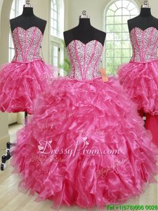 Perfect Hot Pink Organza Lace Up Sweet 16 Quinceanera Dress Sleeveless Floor Length Beading and Ruffles