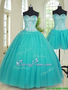 Fine Sleeveless Floor Length Beading Lace Up Sweet 16 Dress with Aqua Blue