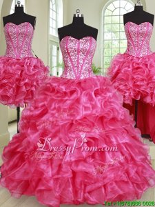 Best Floor Length Hot Pink Sweet 16 Dresses Organza Sleeveless Spring and Summer and Fall and Winter Beading and Ruffles
