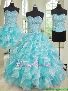 Traditional Blue And White Lace Up 15th Birthday Dress Beading and Ruffles Sleeveless