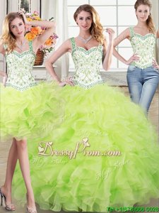 Noble Beading and Lace and Ruffles Ball Gown Prom Dress Yellow Green Lace Up Sleeveless Floor Length