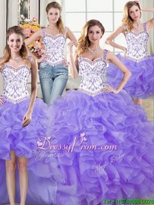 Exceptional Lavender Lace Up Straps Beading and Lace and Ruffles Quinceanera Gowns Organza Sleeveless