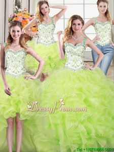 Discount Yellow Green Straps Lace Up Beading and Lace and Ruffles Quinceanera Gowns Sleeveless