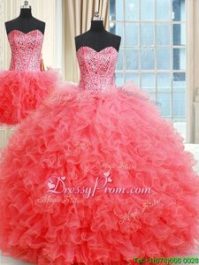 Beautiful Coral Red Sweetheart Neckline Beading and Ruffles Quinceanera Dresses Sleeveless Lace Up