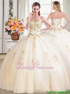Dynamic Beading Ball Gown Prom Dress Champagne Lace Up Sleeveless Floor Length
