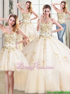 Floor Length Champagne Vestidos de Quinceanera Tulle Sleeveless Spring and Summer and Fall and Winter Beading