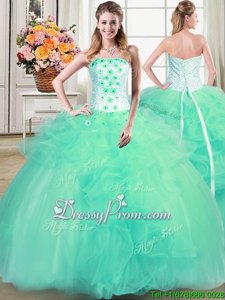 Sleeveless Floor Length Beading and Appliques and Ruffles Lace Up Quince Ball Gowns with Turquoise