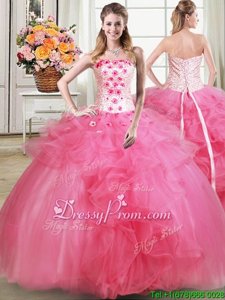 High End Hot Pink Lace Up Strapless Beading and Appliques and Ruffles Quinceanera Gown Tulle Sleeveless