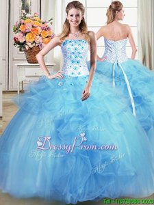 Sexy Sleeveless Beading and Appliques and Ruffles Lace Up Quinceanera Dresses