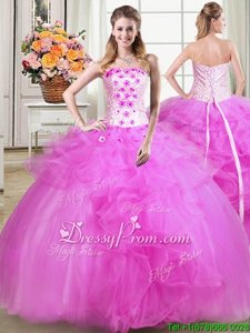 Dramatic Fuchsia Strapless Lace Up Beading and Appliques and Embroidery Sweet 16 Dress Sleeveless