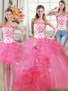 Pretty Floor Length Lace Up Sweet 16 Dresses Hot Pink and In forMilitary Ball and Sweet 16 and Quinceanera withBeading and Appliques and Ruffles