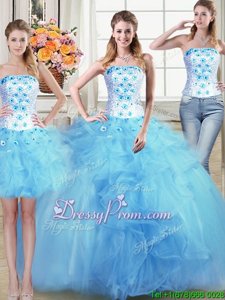Clearance Light Blue Ball Gowns Tulle Strapless Sleeveless Beading and Appliques and Ruffles Floor Length Lace Up Quinceanera Gowns