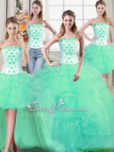New Arrival Turquoise Sleeveless Tulle Lace Up Quinceanera Dresses forMilitary Ball and Sweet 16 and Quinceanera