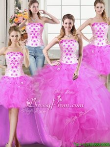 Fuchsia Tulle Lace Up 15th Birthday Dress Sleeveless Floor Length Beading and Appliques and Ruffles