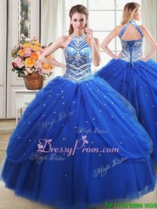 Top Selling Halter Top Sleeveless Tulle Quinceanera Dresses Beading and Pick Ups Lace Up