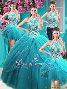 Sophisticated Aqua Blue Tulle Lace Up Halter Top Sleeveless Floor Length Ball Gown Prom Dress Beading and Pick Ups