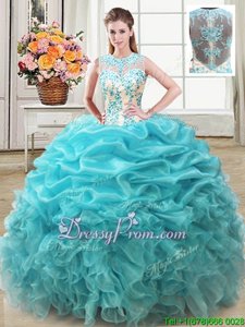 Stylish Floor Length Aqua Blue 15th Birthday Dress Scoop Sleeveless Lace Up