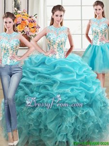 Classical Floor Length Lace Up Ball Gown Prom Dress Aqua Blue and In forMilitary Ball and Sweet 16 and Quinceanera withBeading and Ruffles