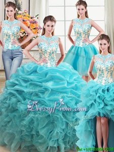 Sumptuous Organza Scoop Sleeveless Lace Up Beading and Ruffles Sweet 16 Quinceanera Dress inAqua Blue