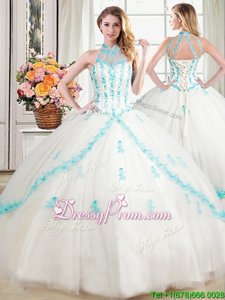 Ball Gowns Quinceanera Gowns White Halter Top Tulle Sleeveless Floor Length Lace Up